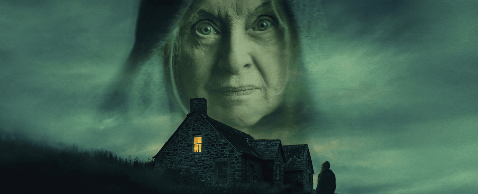 The bottom half of the image is a remote old grey stone cottage in the Scottish highlands. The lights are on and it's a gloomy evening. The top half of the image is a solemn looking Liza Goddard wearing black.