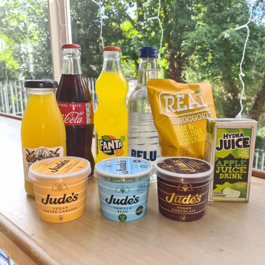 A selection of drinks and snacks
