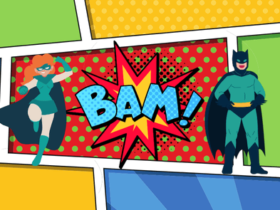 Cartoon super heroes and the word BAM