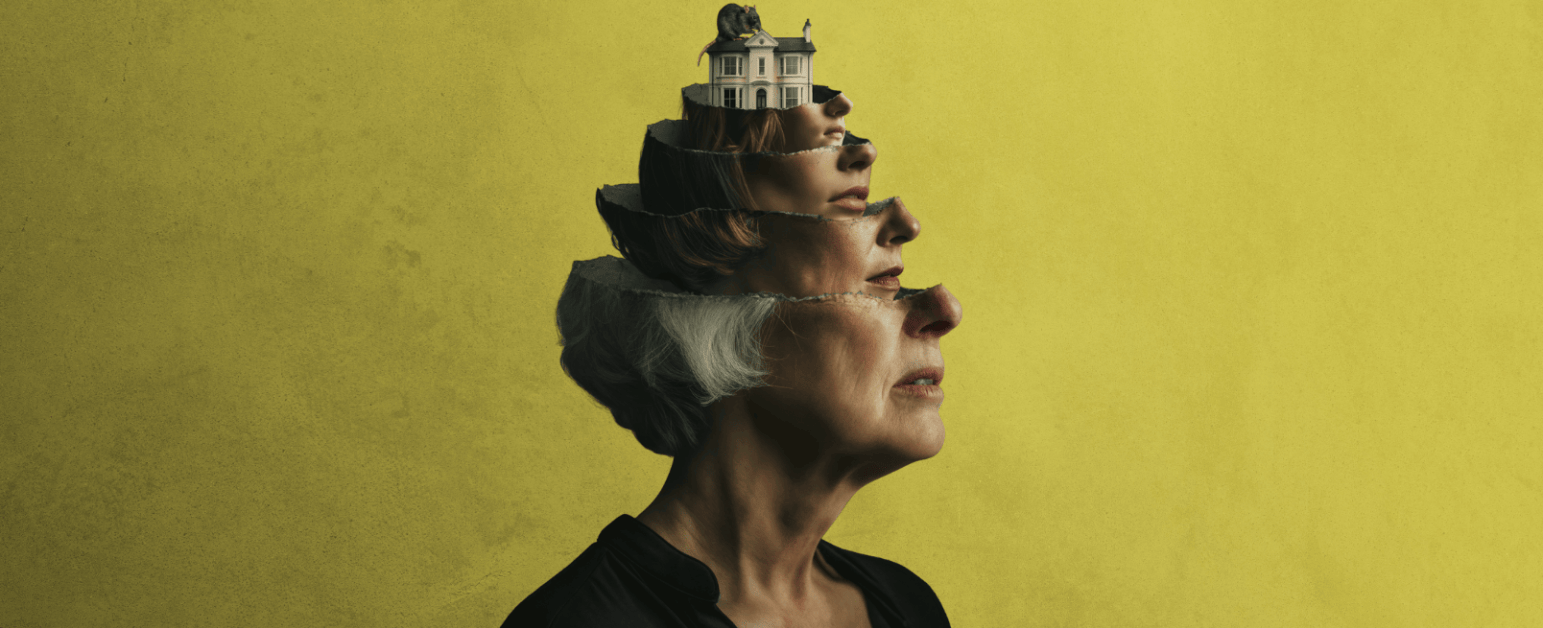 A side on portrait of a woman in front of a yellow background, the top of the woman's head has been edited away and the lower half of 4 other women's faces have been stacked inside, like russian dolls, inside the smallest head is an image of a mouse stood ontop of a tiny model house.