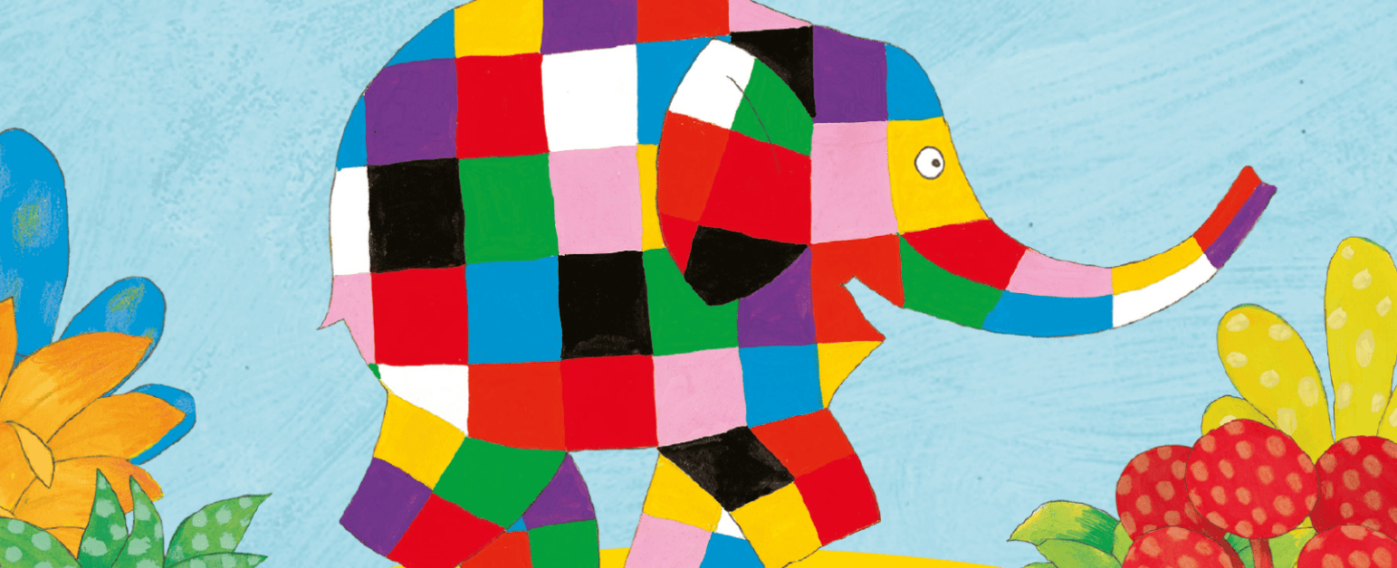 A drawing of a patchwork elephant walking through a colourful forest 