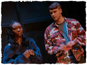 Two actors standing next to each other in colourful jackets