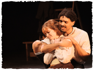 man holding woman in close embrace