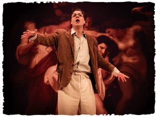 A man with his arms up against a backgrond of a pre-raphaelite paitning