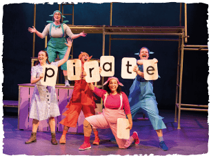 5 people, four dressed as colourful dragons, looking jolly and holding up letters spelling out 'pirate'