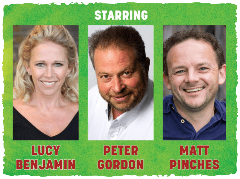 Headshots for Lucy Benjamin,. Peter Gordon and Matt pinches in front of green glowing background