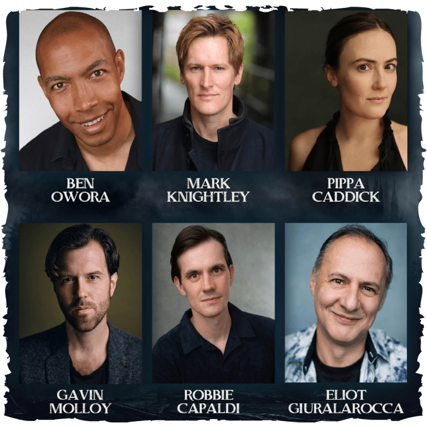 Headshots of the cast of Sherlock in a 2 by 3 grid against a dark background