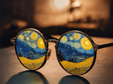 A set of round glasses on a wooden table with starry night painting layered over the lenses
