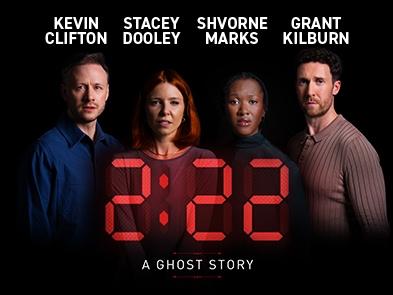 Kevin Clifton and Stacey Dooley in regular grey and blue shirts next Shvorne Marks and Grant Kilburn to a red 2:22 analogue clock display