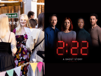 A woman with friends next to - Kevin Clifton and Stacey Dooley in regular grey and blue shirts next Shvorne Marks and Grant Kilburn to a red 2:22 analogue clock display