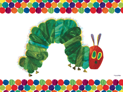 Colourful border made of small balls with a drawing of the very hungry caterpillar imbetween them