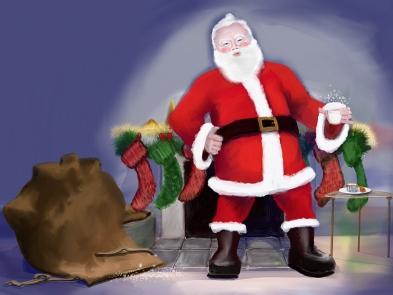 A drawing of santa stood over presents