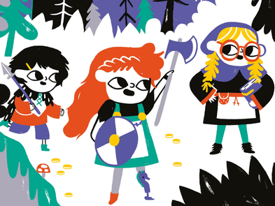 A colourful drawing of three little girl vikings in the snow