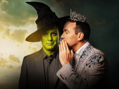 A man recreating the Wicked poster with himself as the green witch facing the camera and as the good witch whispering in the green witches ear 