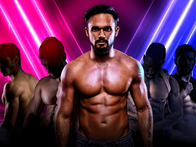 Gareth gates with no shirt on standing in front of 4 other shirtless men