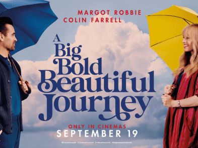 Margot Robbie and Collin Farrel stood facing eachother both holding umbrellas