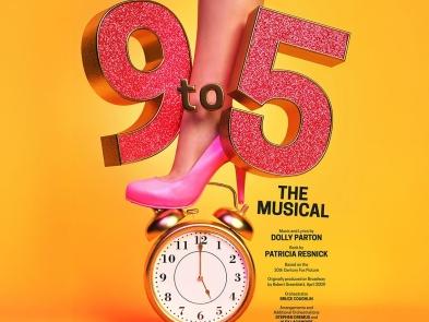 Orange background, with a pink high heel stood on a clock