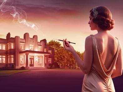 A woman with brown hair in 1920s attire and hairstyle, with a sparkly hairband and low-back satin nude dress. She is facing with her back to the viewer, looking at a grand house and holding a long cigarette.  