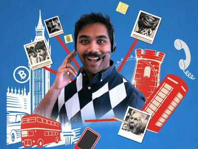 A man wearing a headset surrounded by icons of classic British things like a bus and big ben on a blue background