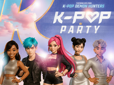 K-POP party with a large K on the left and then K-pop cartoon characters on the bottom of the image