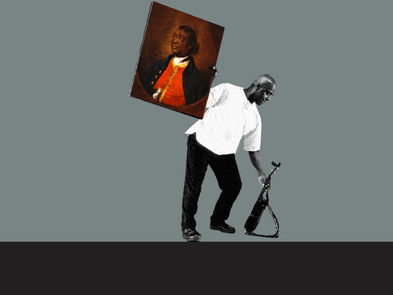 A man leaning down to pick up a guitar with one hand and a painting covering his other arm