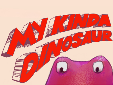 A drawing of a purple dinosaur and the words 'my kinda dinosaur' on a cream background