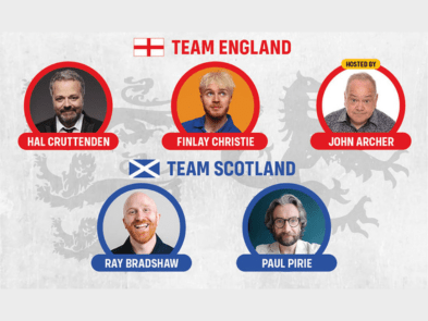 English and Scottish flags next to each other with headshots of comedians underneath
