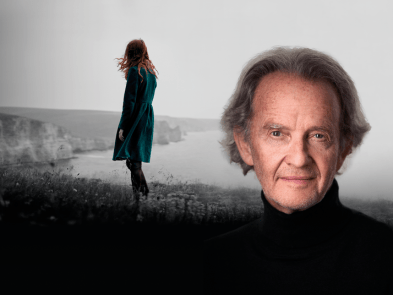 Black and white image, Anton Lesser at front, with woman in distance on beach