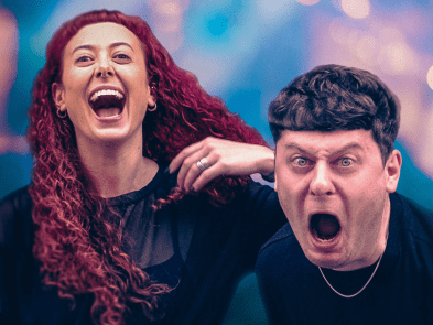 2 actors against a colourful background