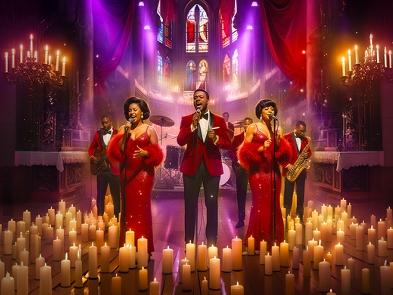 3 singers with mics, with candles behind