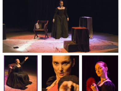 a woman dressed in old fashioned clothing posing in 4 different photos