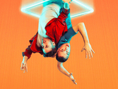 It's Not A game artwork. Orange background with two people dangling down from ceiling
