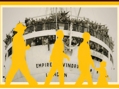 A black and white image of a large ship, with yellow graphics of people walking on front of the image