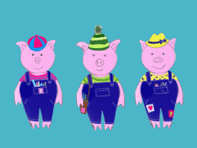 drawing of three little pigs against a blue background